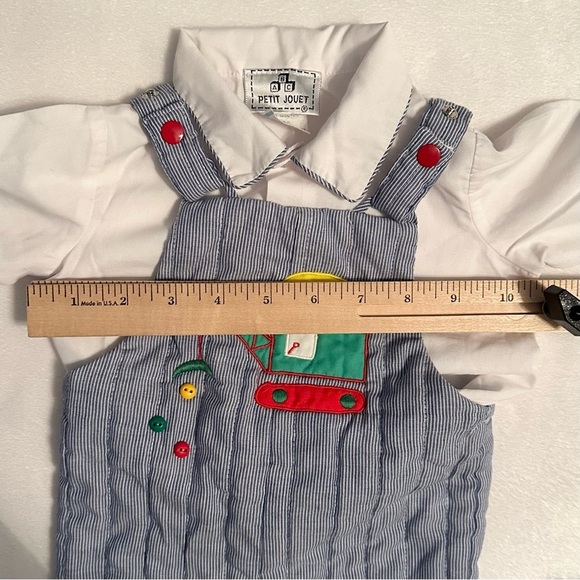 Vintage Petit Jouet 3pc Outfit Baby 6-9m Crane Truck Overalls Shirt Knit Booties - Picture 7 of 12
